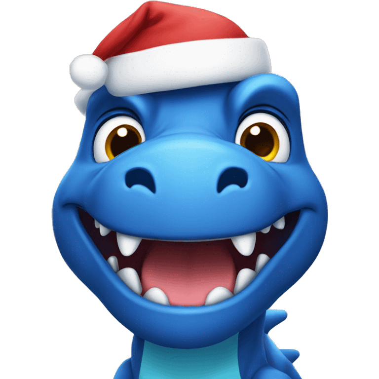 blue dinosaur with a christmas hat emoji