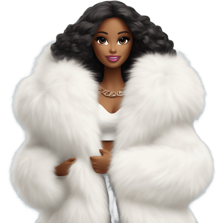 Barbie in an extremely big fluffy oversized white fur coat with hood on. The fur is real and it’s very obvious big and fluffy like in Pinterest  emoji