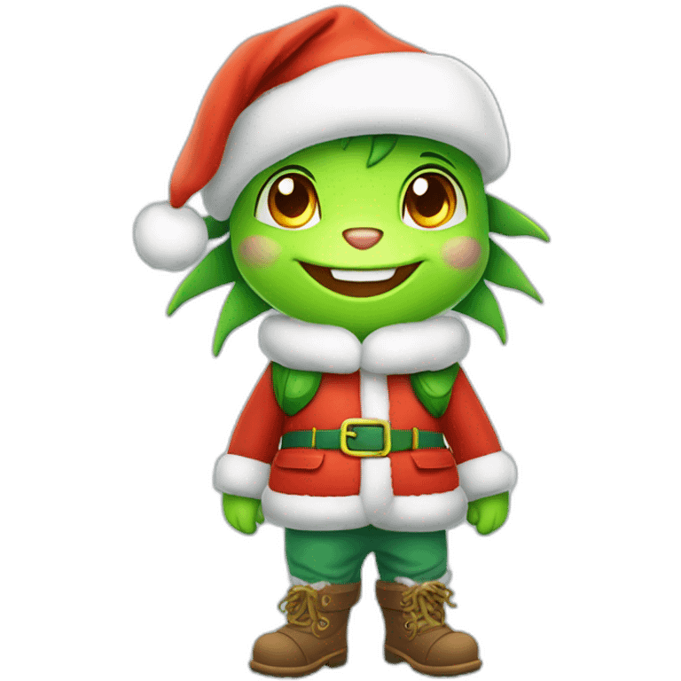 happy little green cartoon dragons of child in winter, in work pants, in work clothes, in winter boots, in a Santa Claus hat, New Year emoji