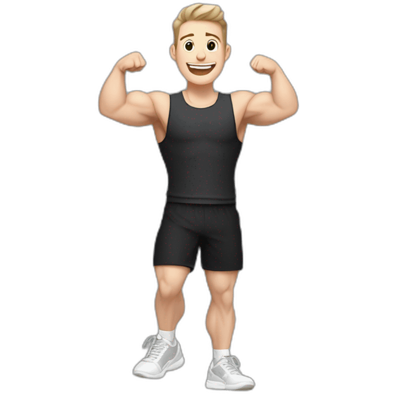 Joyful Celebrating victory Pale skinned Fit Man With the biceps and dark brown hair in black shirt, gray sports shorts and white Sneakers emoji