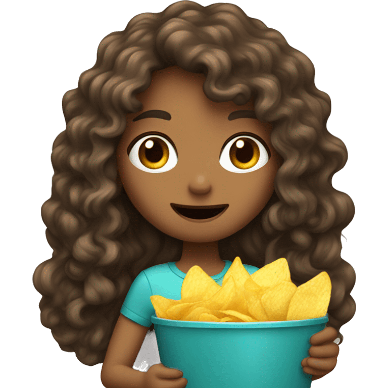 A long curly brown hair girl eating chips emoji