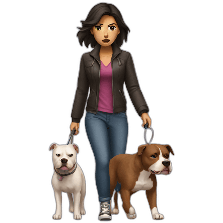 a woman with dark hair is angry and walks with a pitbull emoji