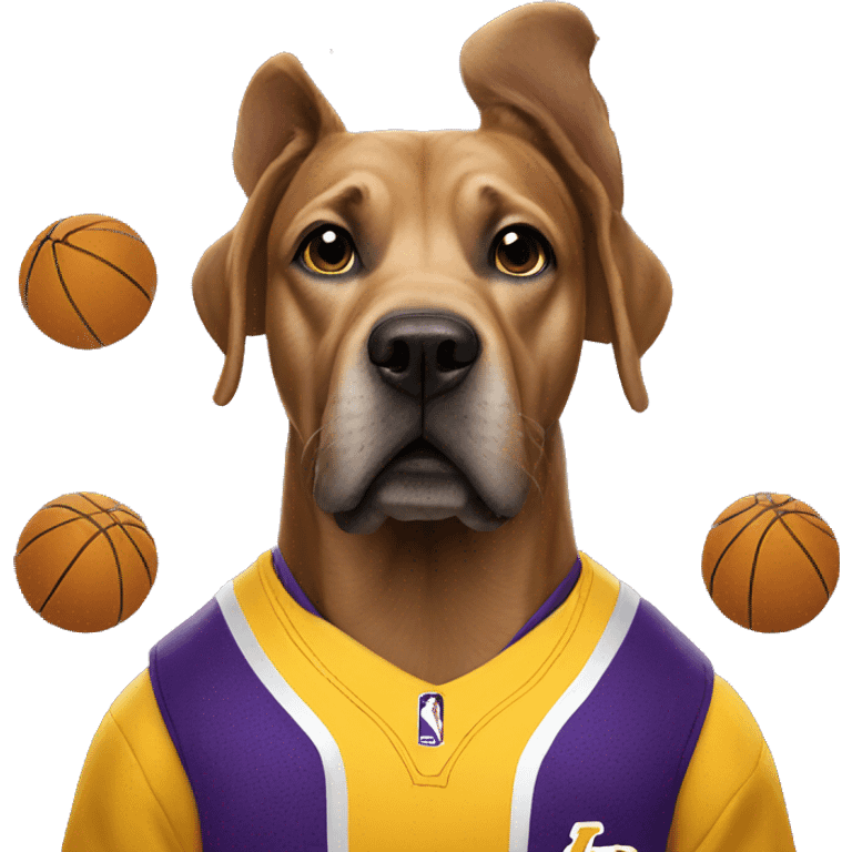 Dog wearing lakers gear.  emoji