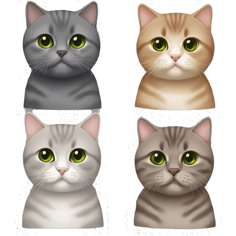 Brown british shorthair with Brown eyes + Grey Tabby scotish fold with Green eyes sitting emoji