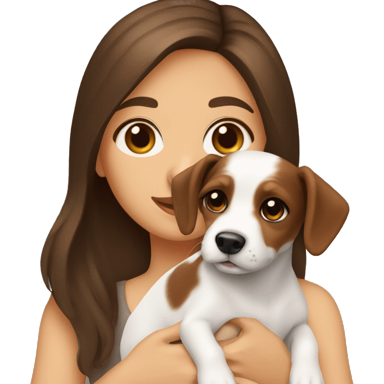 brunette girl with brown eyes and long hair holds a puppy Jack Russell dog with brown eyes emoji