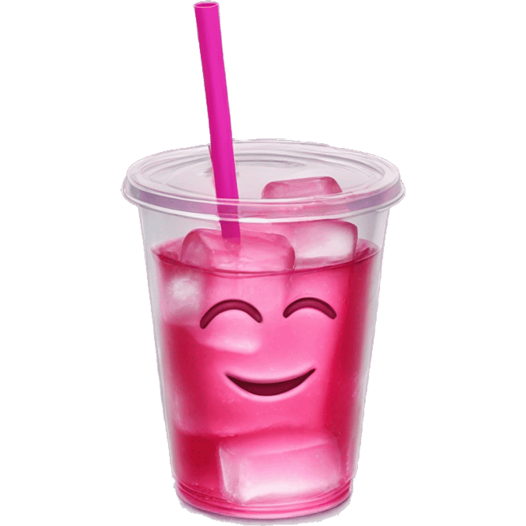 Realistic plastic cup and lid with Transluscent hot pink soda and large ice cubes inside and one straw through the top of the lid. emoji