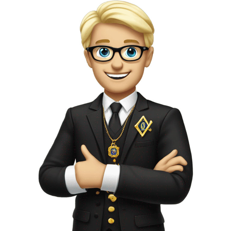 Modern Blond and wearing glasses, EnglishFREEMASON wearing black lounge suit jacket and Masonic Jewel and Apron. Show him giving a thumbs up emoji