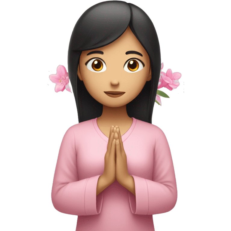 asian girl with black straight hair praying with pink flora  emoji