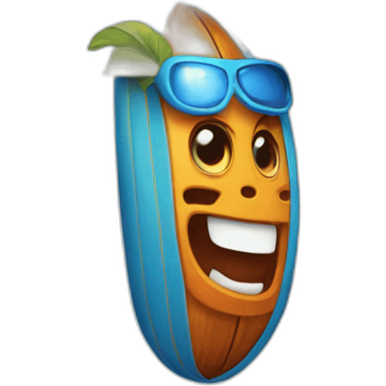 Cartoon Blue and orange smiling tiki with butterfly and surfboard emoji