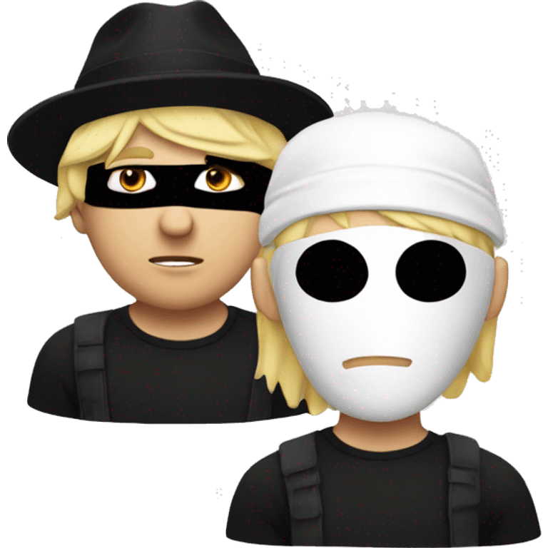 Blond man with white and black t shirt a black hat and a robber mask emoji