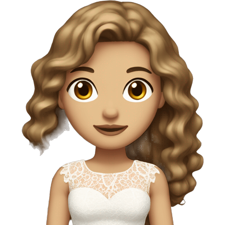 Adult woman with brown eyes, light tanned skin, long wavy dark brown hair, wearing a white lace dress emoji