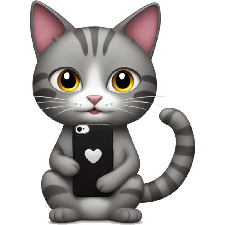 Create a cat holding her phone and seems in love emoji