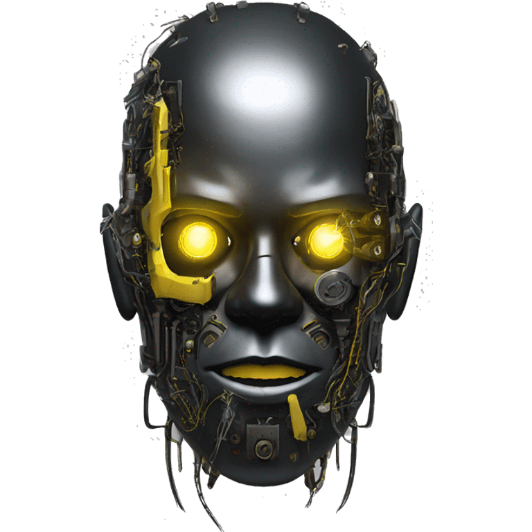 black metal cyborg head with circuitry, one artificial eyeball, and yellow Mohawk goatee emoji