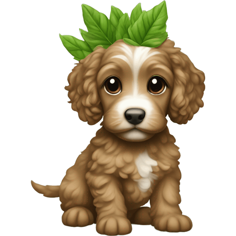 Baby brown cockapoo with leafs on head emoji