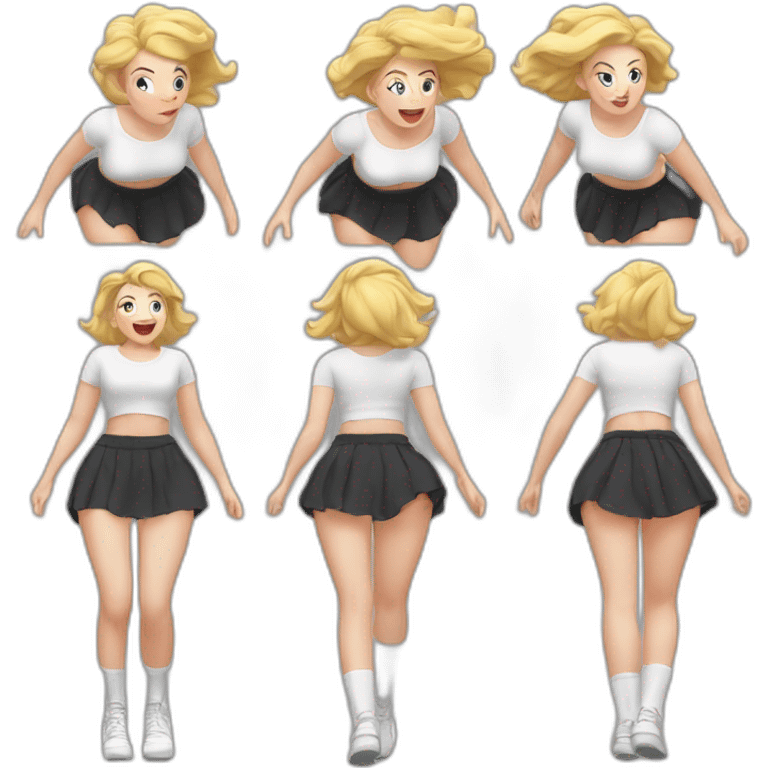 full-body-caucasian-curvy-beauty-jumping-short-black-skirt-back-and-front-views-strong-wind-knickers-long-white-socks emoji