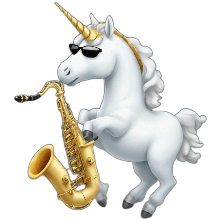 a unicorn wearing sunglasses and playing saxophone on a cloud emoji