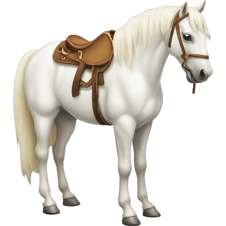 vanilla white horse standing up by itself with a saddle on it but no people emoji