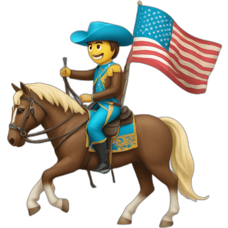 A man holding an American and Kazakh flag riding a horse emoji