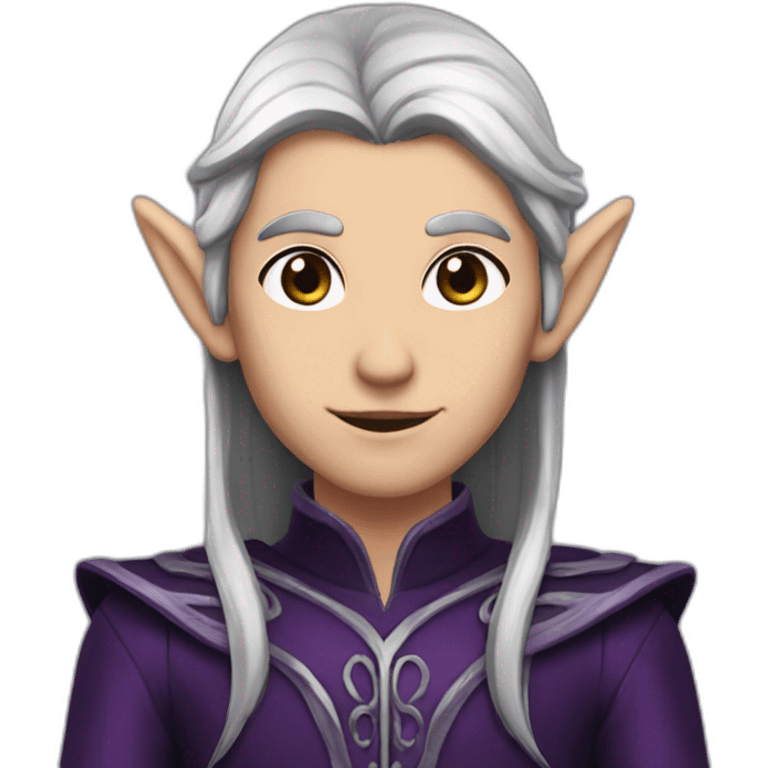 tall elf, long dark brown hair / eyebrows, wearing dark black & purple and silver outfit  emoji