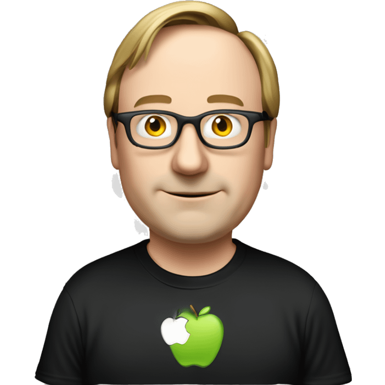 Linus torvalds with linux wearing black t-shirt with apple logo. His hands holding a windows pc emoji