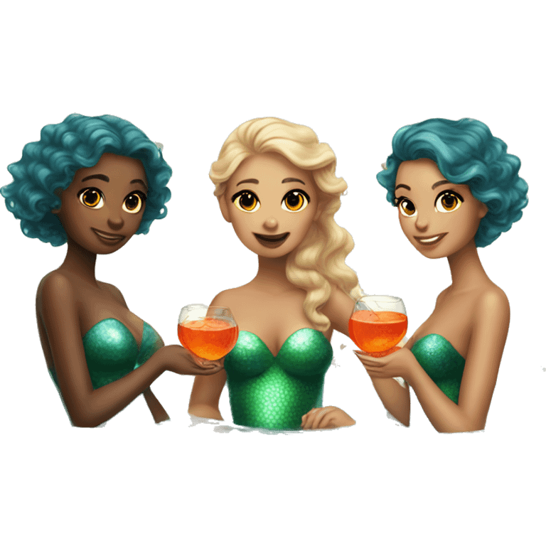 Three beautiful mermaids (light skin) drinking aperol emoji