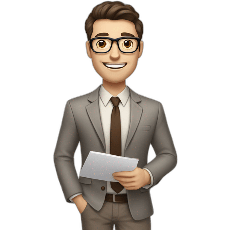 Pale skinned fit man with dark brown hair in gray jacket, beige office shirt, brown tie, brown pants and vintage glasses Writing on the flipchart emoji