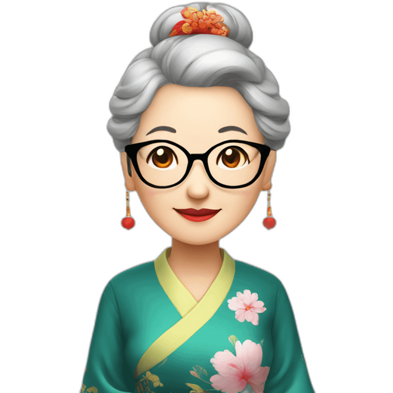 Chinese seniors lady wear Chinese traditional dress wear glasses show appreciation sign emoji