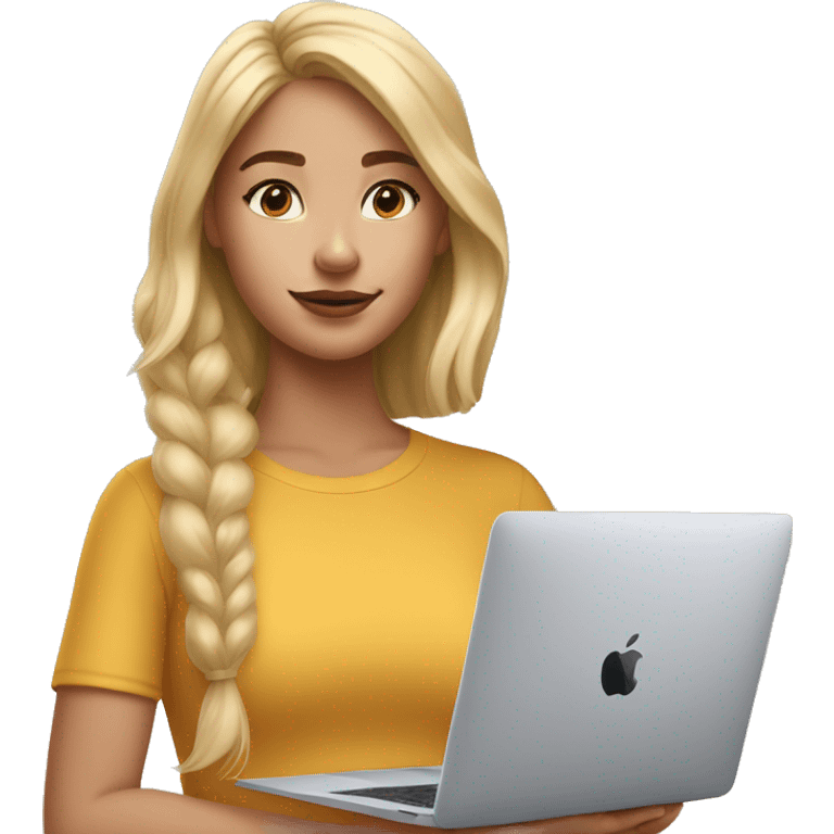 A blonde girl wearing airpods max and looking at a macbook emoji