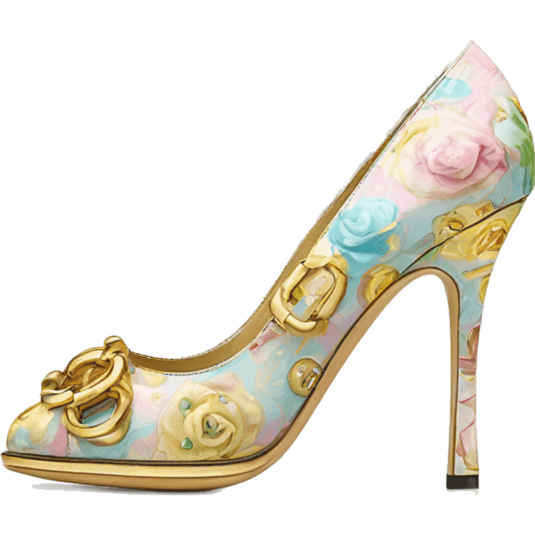 Dolce and Gabbana high heels with colourful pastel ornament print and golden detais  emoji