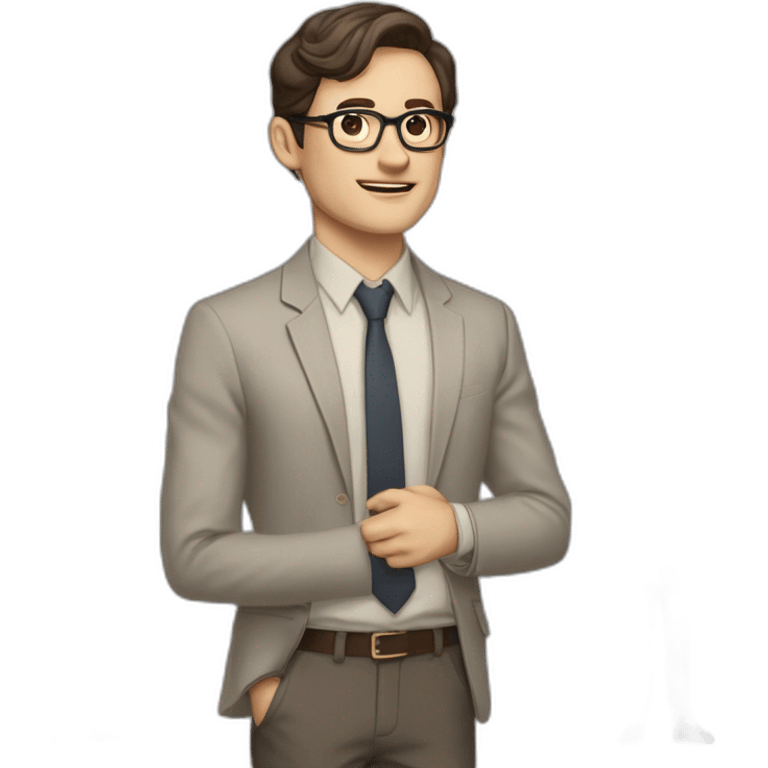 Full height Pale skinned Fit Man With dark brown hair in gray jacket, beige office shirt, tie, Brown pants and vintage glasses. Thrumbs of his palms directed up emoji