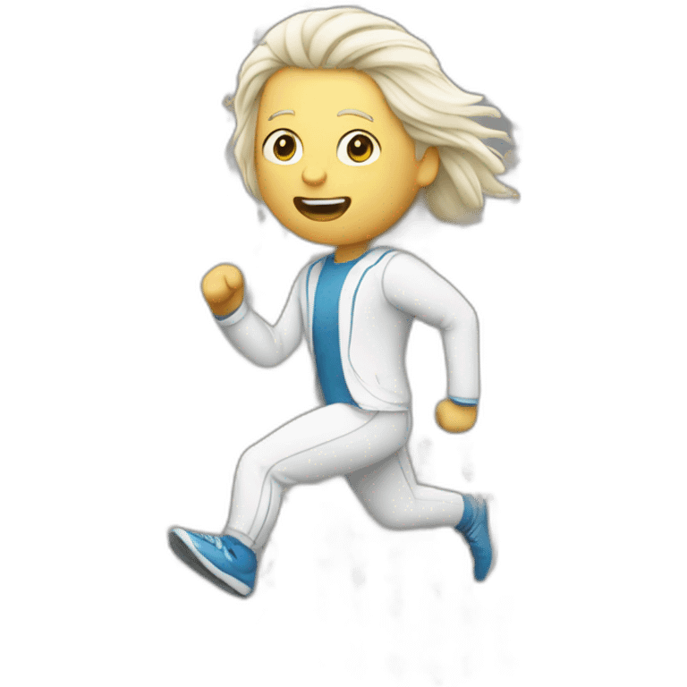 White man running, with white mid long hair, dressed with sport suit talking to the people emoji