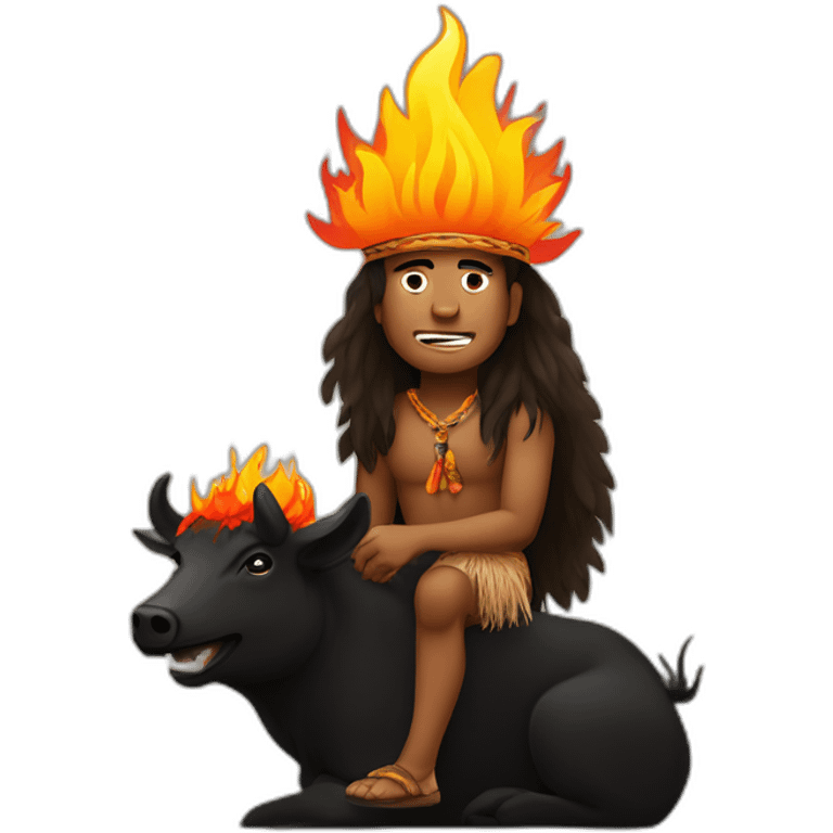 brazilian indigenous man with fire for a hair sitting on a black boar emoji