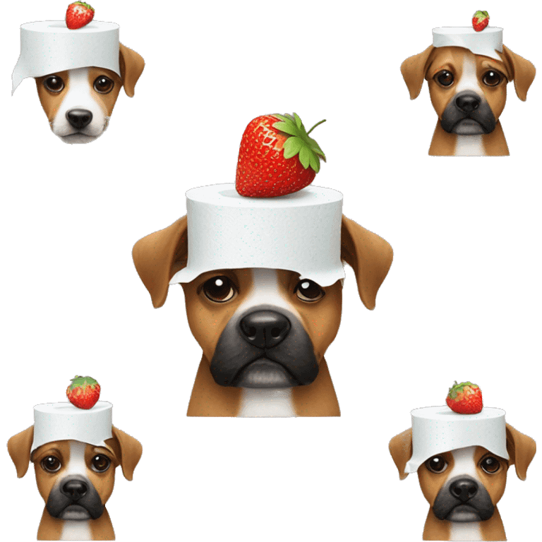 A dog with toilet paper and a strawberry on the dogs head emoji