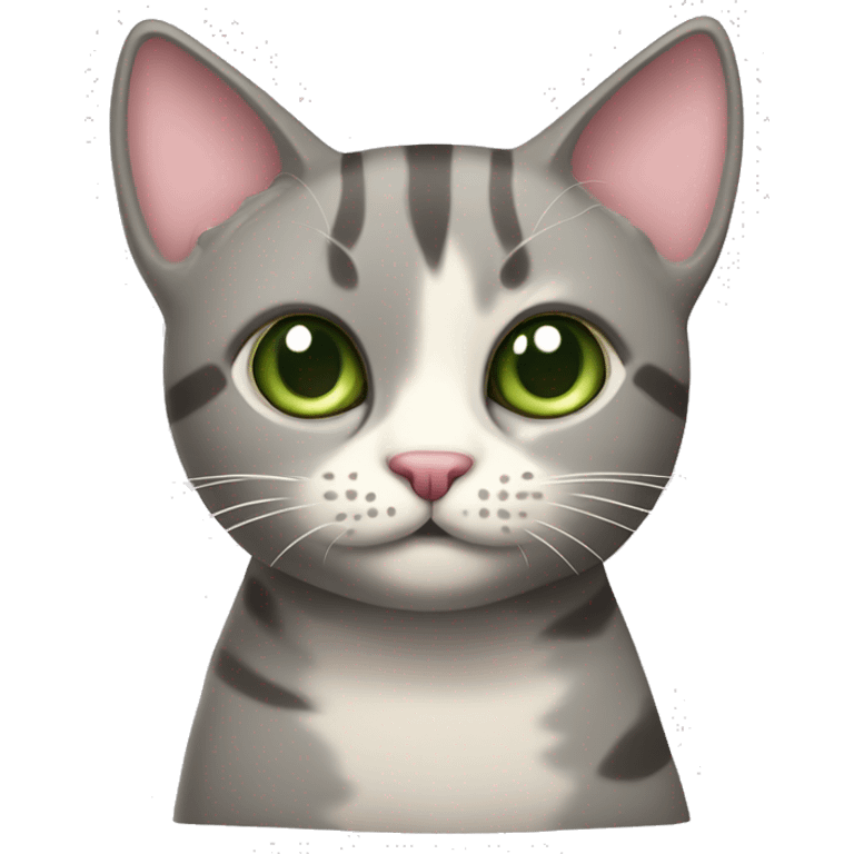 grey and tan cat with cream pattern on her forehead. Green eyes and a pink nose emoji