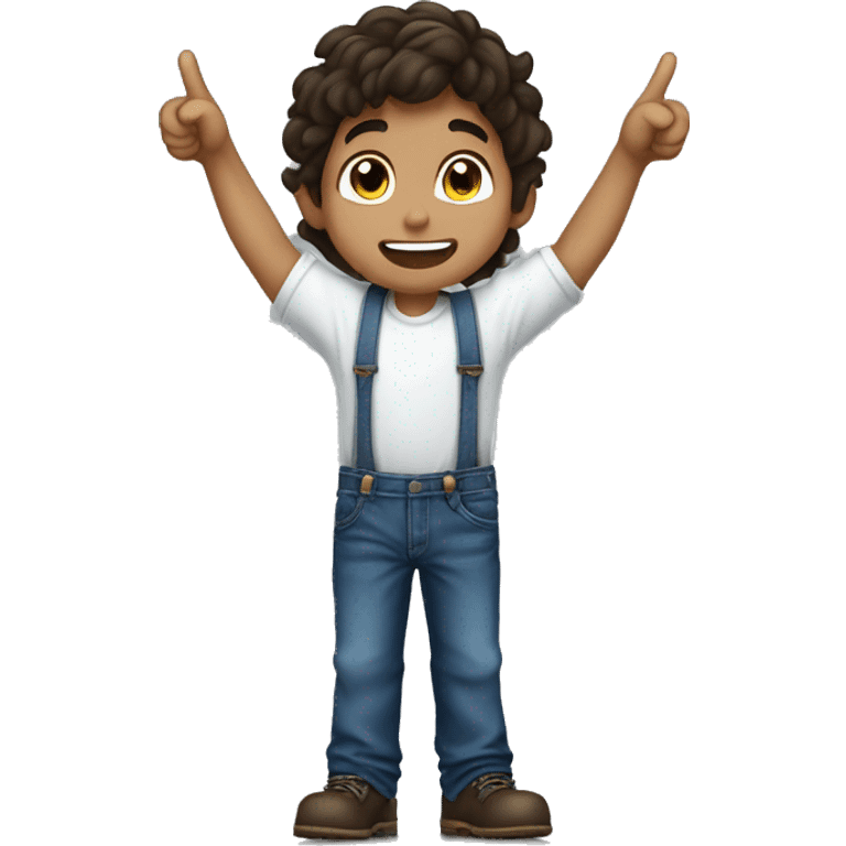 boy pointing to the sky from behind, dark brown wavy hair, wearing blue jeans overalls and white shirt. half body shot. emoji