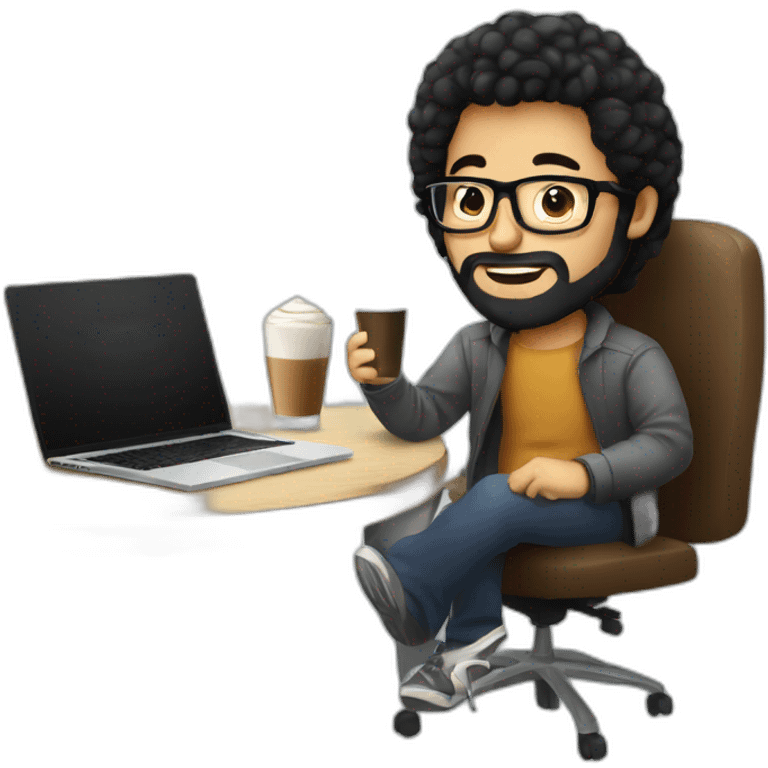 Designer with black hair, beard and glasses working with MacBook and drinking cappuccino  emoji