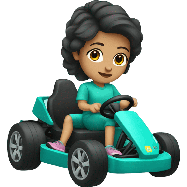 Girl with dark brown hair, on a teal go kart emoji