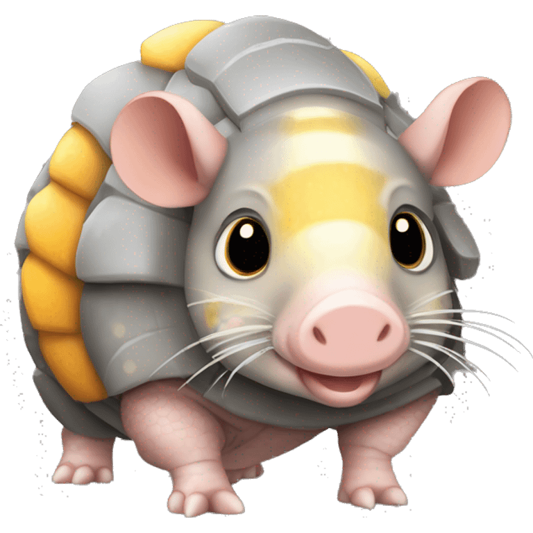 Mottled speckled gray brown chubby armadillo pig with yellow and black and orange and cute tiny eyes emoji