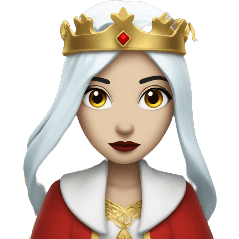 Queen with pale white skin, evil stare, icy blue eyes, bright red lips, long black hair, gold crown, and white robes. emoji