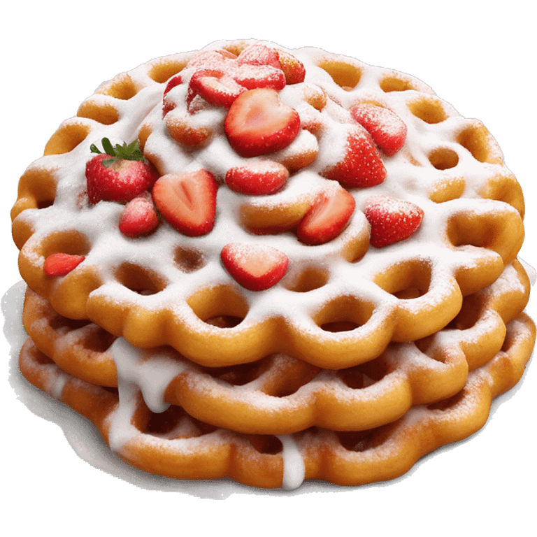 Realistic isolated funnel cake with powdered sugar and a strawberry sprinkled on top. emoji