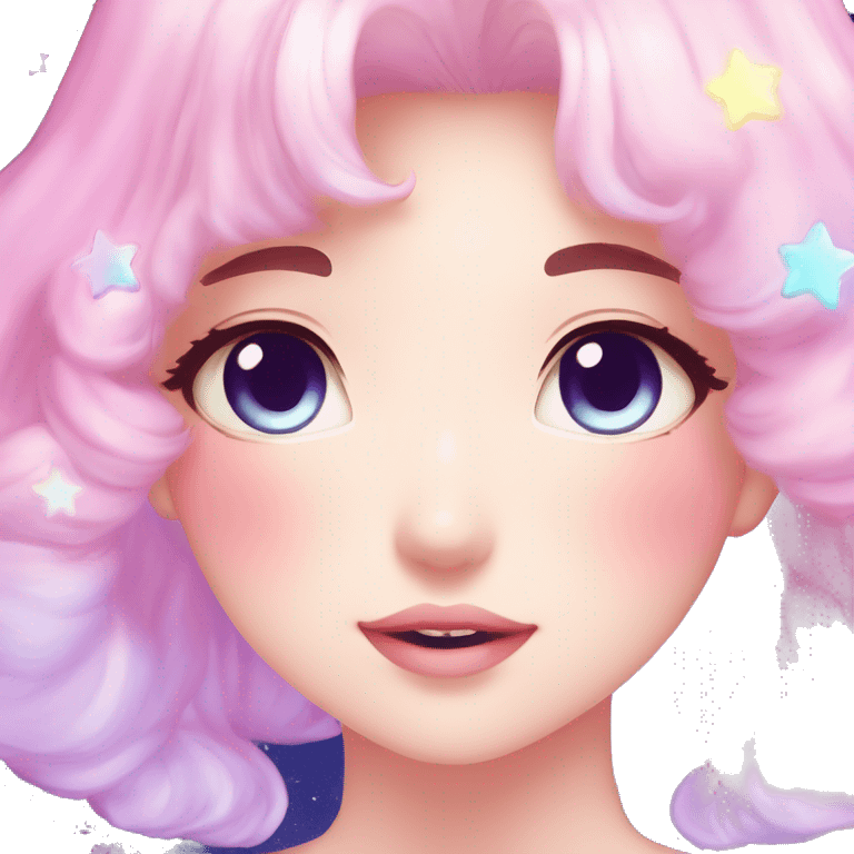 Gorgeous pastel anime style lady blushing nebula gradient sparkle face dreamy idol model colorful shiny stars galaxy kawaii cottagecore pearly petite simplistic aesthetic trending style emoji