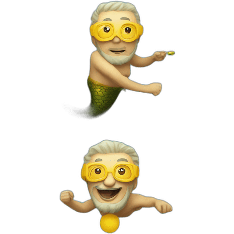 Underwater happy old and bold man mermaid swimming, snorkel equipement, holding a small yellow ball, winning enthousiasm emoji