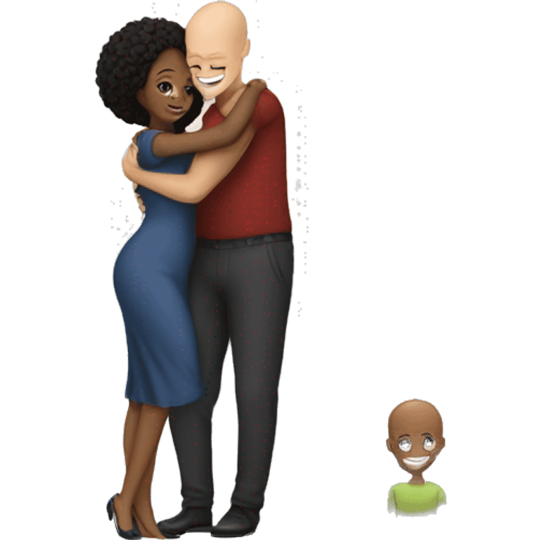 a hug from a black woman in a tight dress to a white man with no hair and a beard emoji