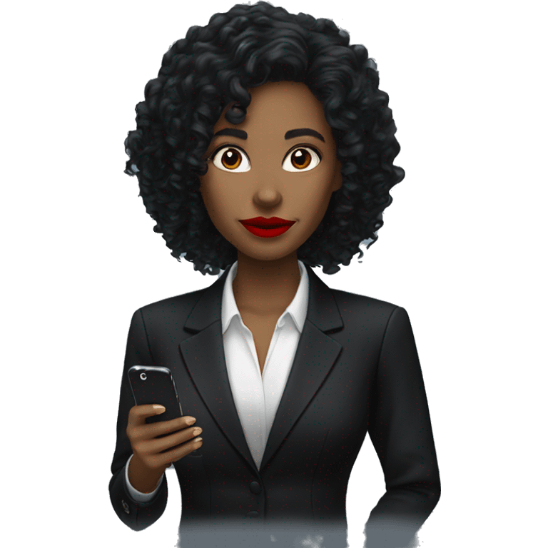 corporate white woman, red lipstick, long black curly hair, with a phone, black shirt, black blazer  emoji