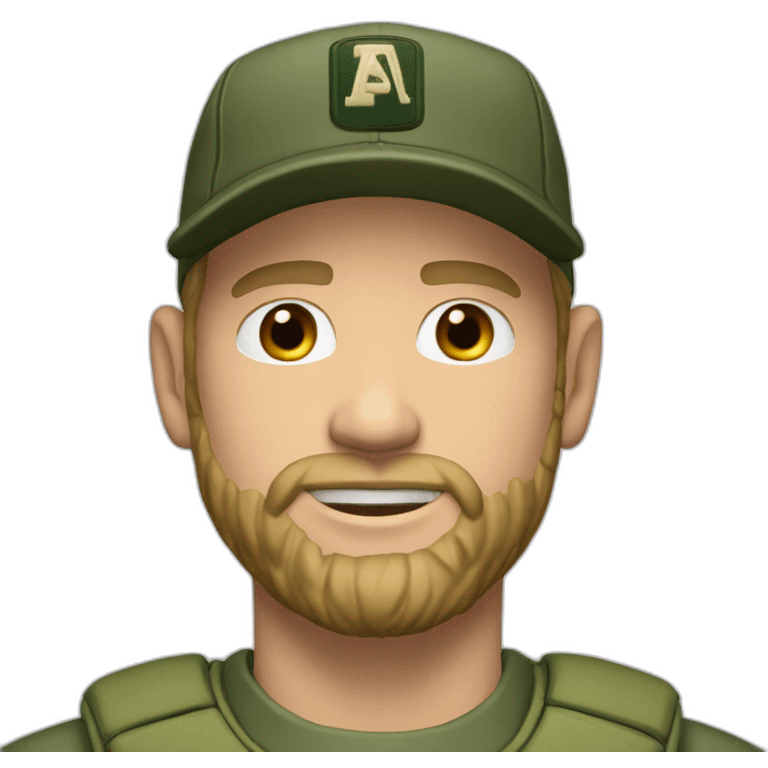 white man with short beard wearing a army green baseball cap with AP letters logo emoji