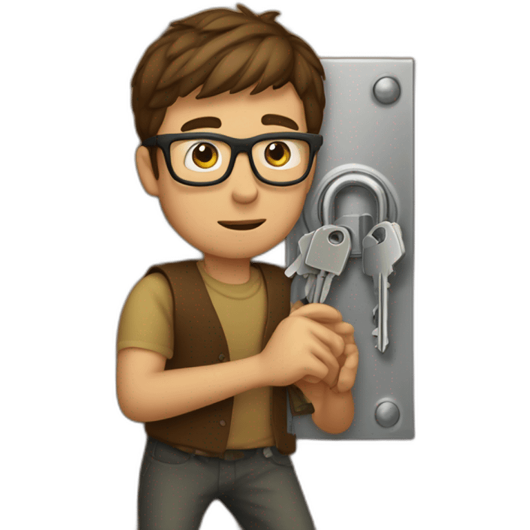 brown-short-haired man wearing glasses, struggling to fit a key into a wooden door-lock emoji