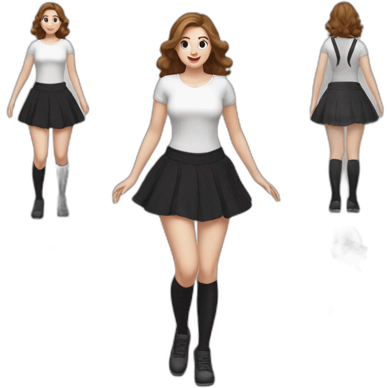 alistic-full-body-caucasian-curvy-beauty-jumping-short black-skirt-back-and-front-views-strong-wind-knickers-long-white-socks emoji