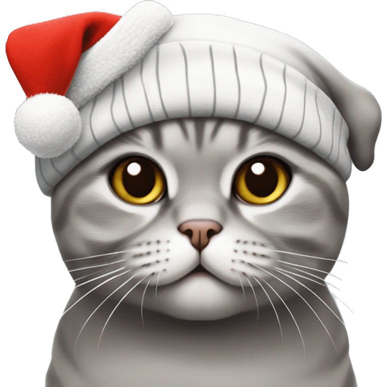 Gato Scottish fold blanco y Gris con gorro de navidad emoji