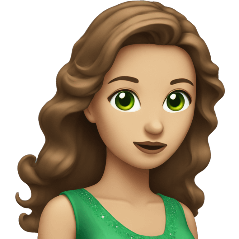 Woman with green eyes and long brown hair dresses in dress emoji