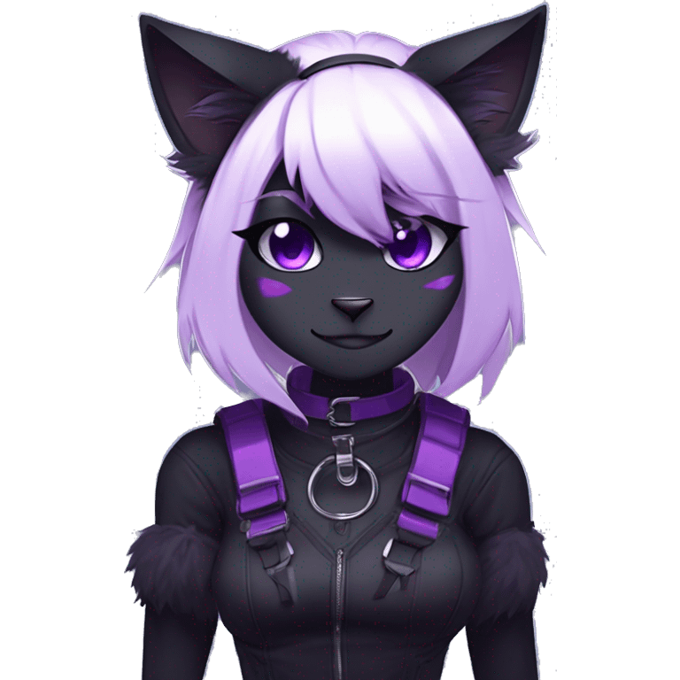 Gorgeous furry gothic dark techwear anime style anthro black cat furry sona Fakemon with blushing face aesthetic and pretty edgy black with violet collar and harness trending style emoji